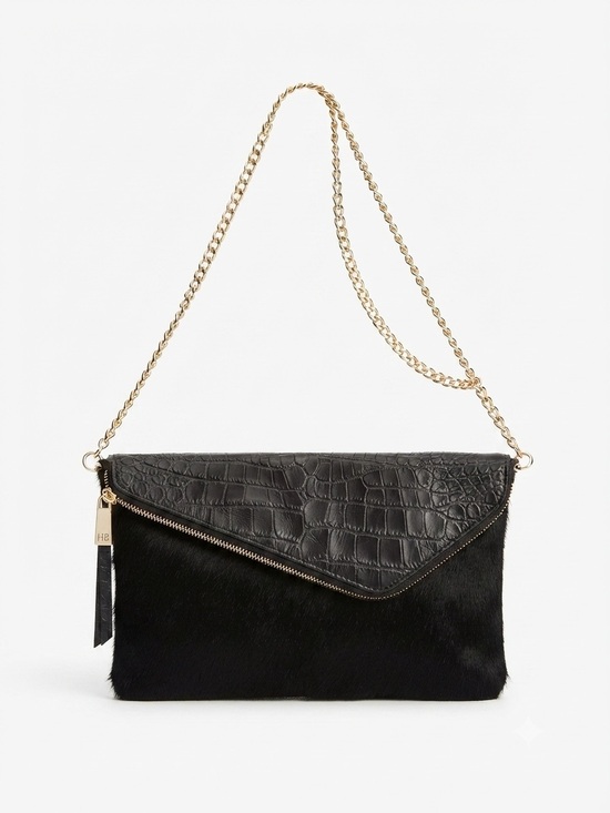 henri bendel Handbags - Henri Bendel Black Calf Hair & Croc Embossed Convertible Crossbody Clutch Bag